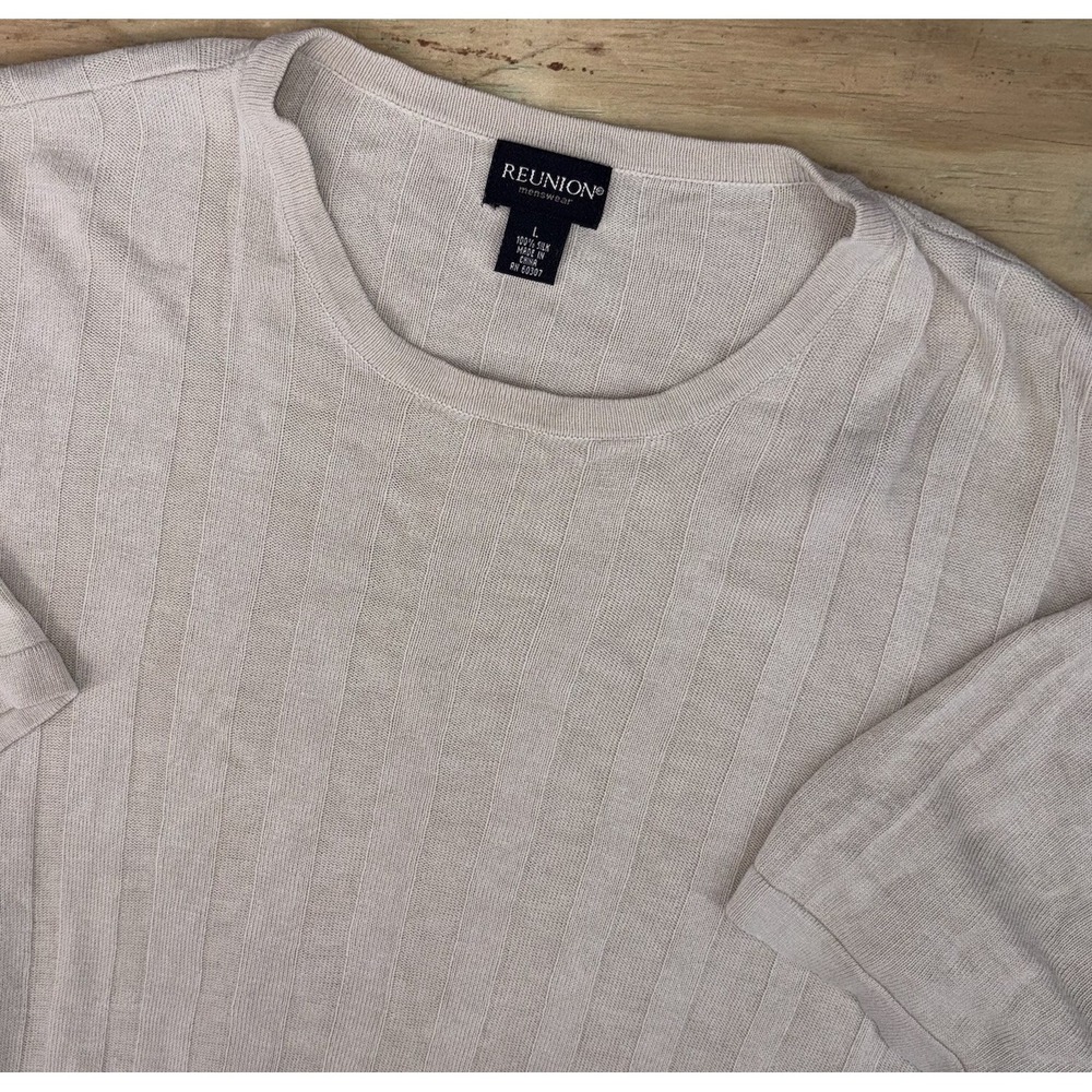 Reunion Menswear Large Ribbed 100% Silk Short Sleeve Crewneck Shirt Tan Vintage